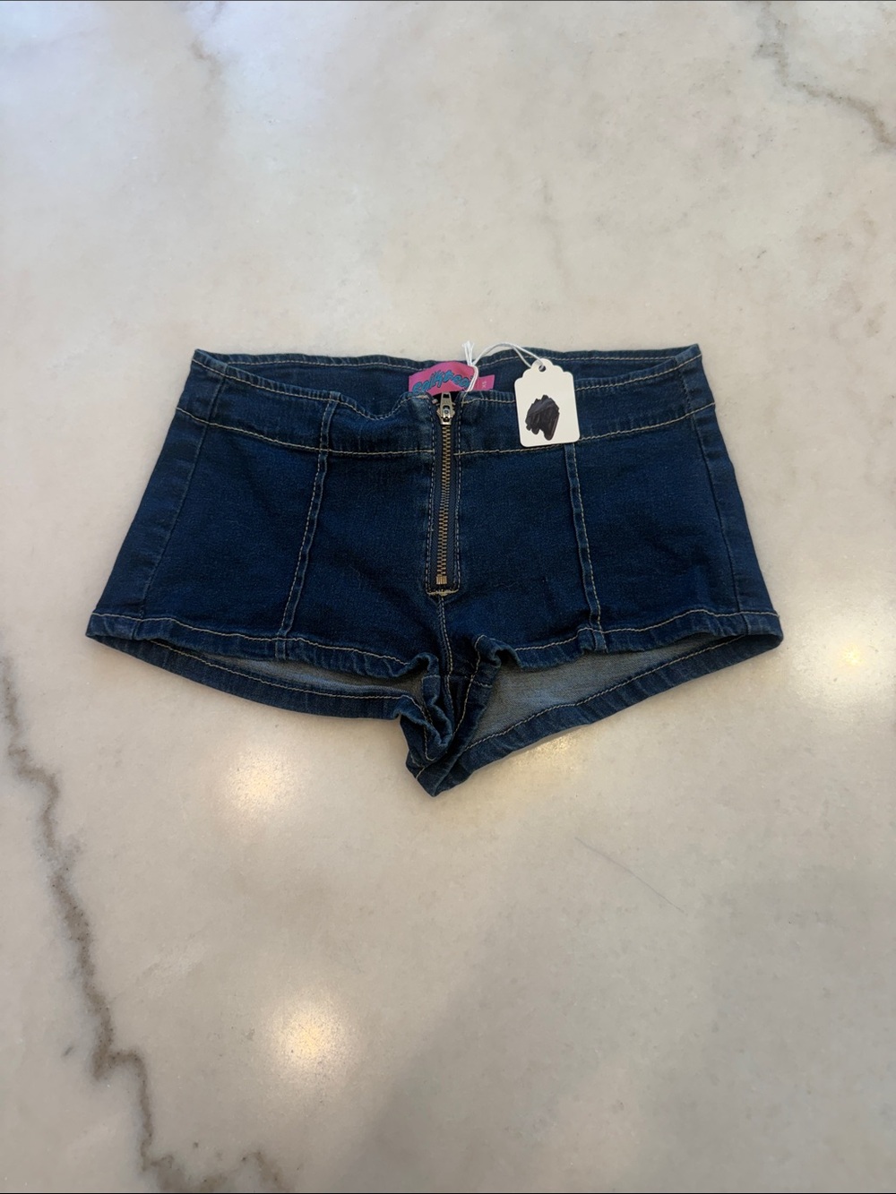 NWT EDIKTED Denim High-Rise Zip-Front Shorts - Dark Blue